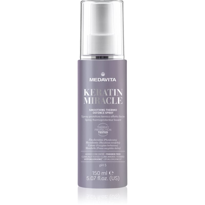 Medavita Keratin Miracle Smoothing Thermo Defence Spray термозащитен спрей за оформяне с преса и маша За коса