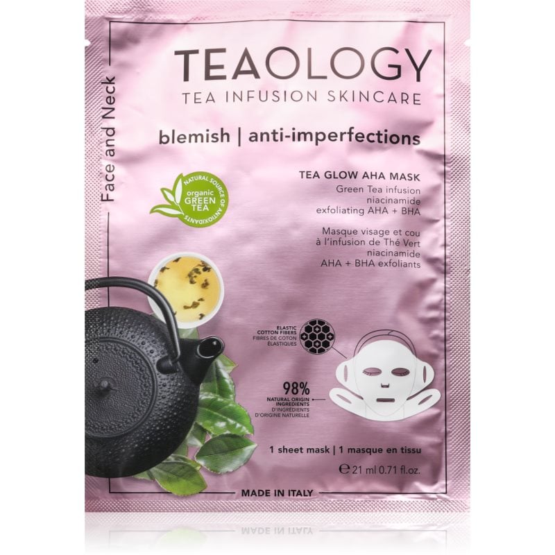 Teaology Tea Glow Blemish AHA Purifying Mask платнена маска с почистващ и освежаващ ефект за шия и деколте
