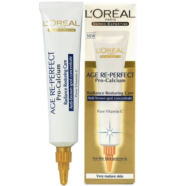Комплексна грижа против бръчки и тъмни петна LOreal Age Re-Perfect Pro Calcium Anti-Brown Spot, За зряла кожа, 30 мл, Концентрат, Витамин С