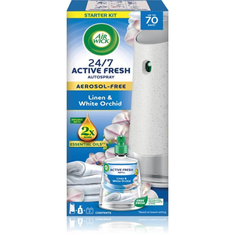 Air Wick Active Fresh Linen & White Orchid автоматичен освежител за въздух с пълнител - Аромат - Сравни цени от 1 магазин с безплатна доставка