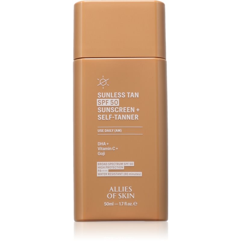 Allies of Skin Sunless Tan SPF 50 Sunscreen + Self-Tanner слънцезащитен крем с автобронзиращ ефект SPF 50 - Грижа за тяло - Сравни цени от 1 магазин с безплатна доставка