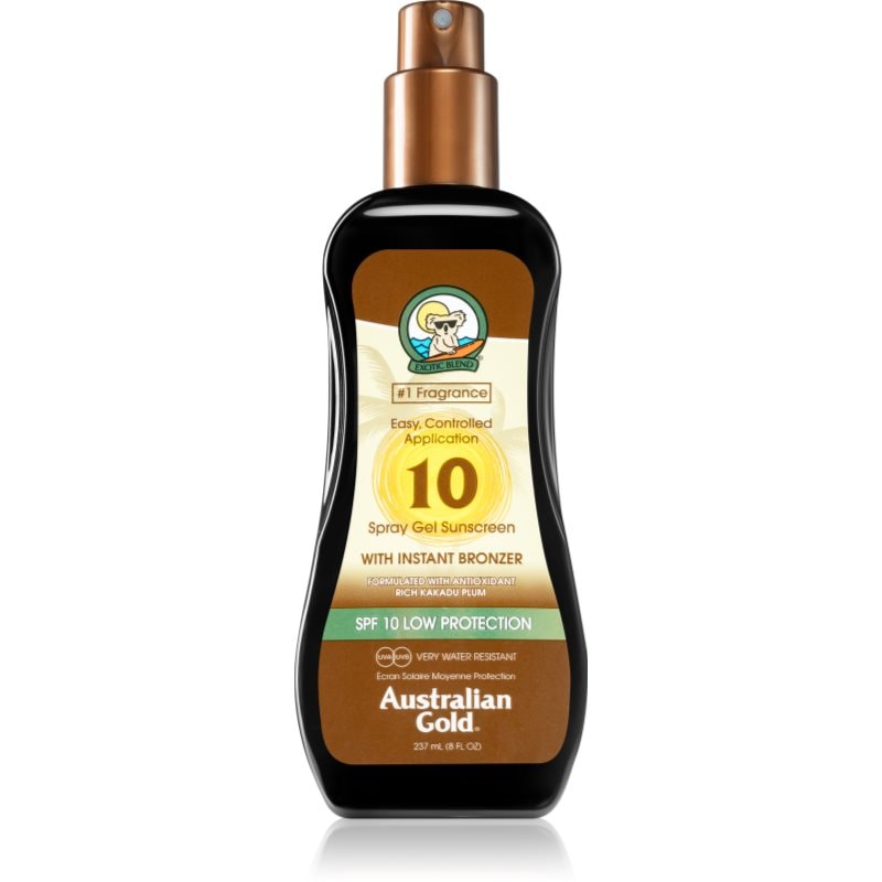 Australian Gold Spray Gel Sunscreen With Instant Bronzer слънцезащитен спрей с бронзър SPF 10 - Грижа за тяло - Сравни цени от 1 магазин с безплатна доставка