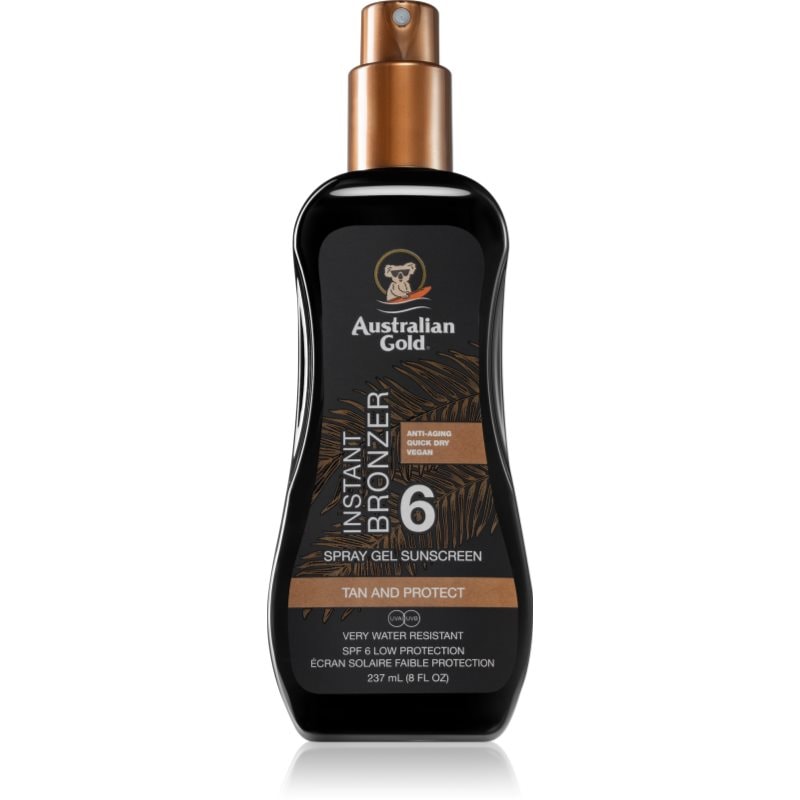 Australian Gold Spray Gel Sunscreen With Instant Bronzer слънцезащитен спрей с бронзър SPF 6 - Грижа за тяло - Сравни цени от 1 магазин с безплатна доставка
