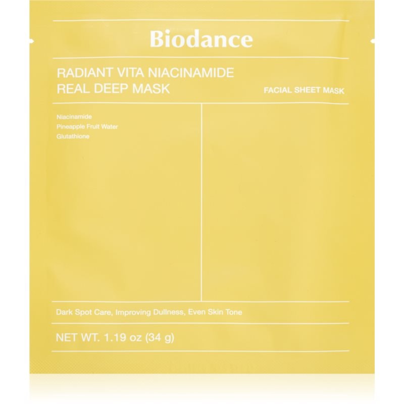 Biodance Biodance Radiant Vita Niacinamide Real Deep Mask озаряваща маска за лице да уеднакви цвета на кожата - Унисекс парфюм 1мл - Сравни цени от 1 магазин с безплатна доставка