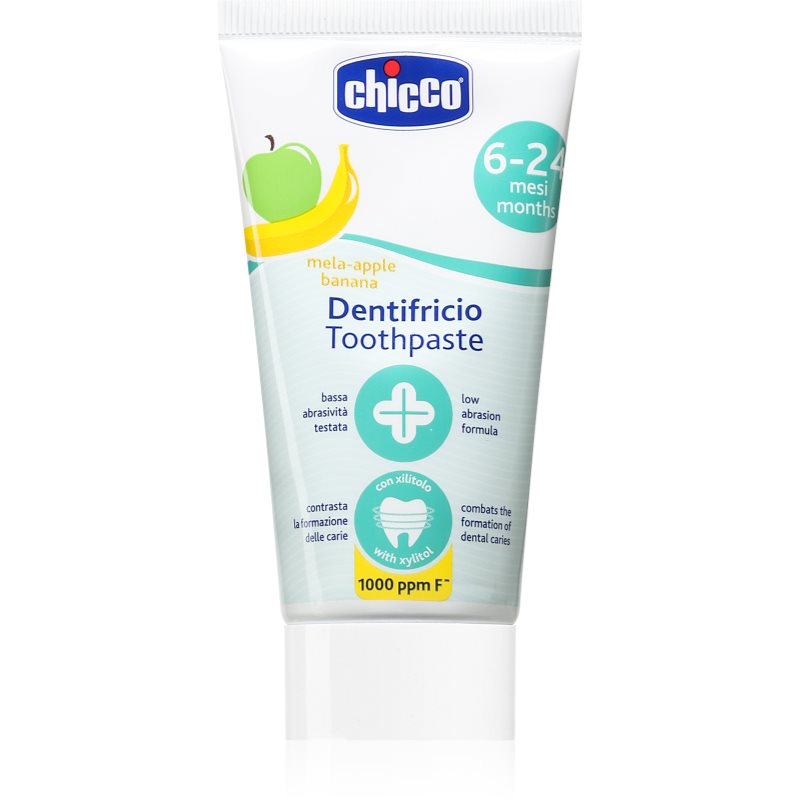Chicco Chicco Toothpaste 6-24m детска паста за зъби с флуорид Apple-Banana - Унисекс парфюм 50мл - Сравни цени от 1 магазин с безплатна доставка