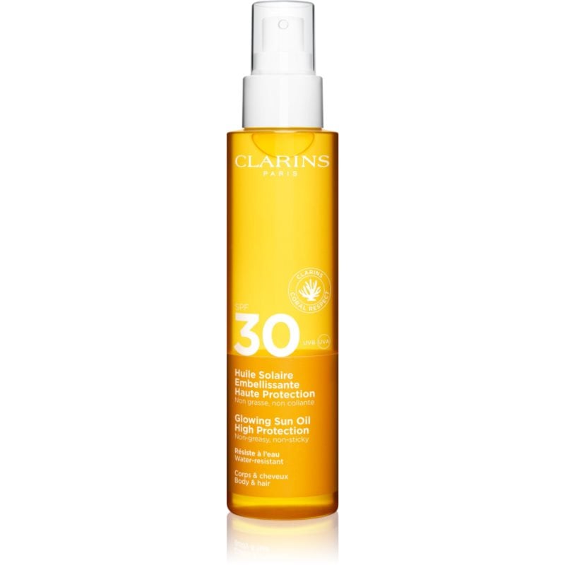 Clarins Sun Care Glowing Oil сухо олио за коса и тяло SPF 30