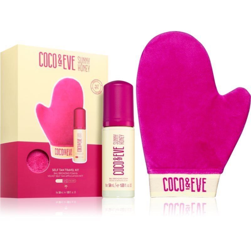 Coco & Eve Sunny Honey Ultimate Glow Travel Kit автобронзираща пяна с ръкавица за нанасяне малка опаковка Medium
