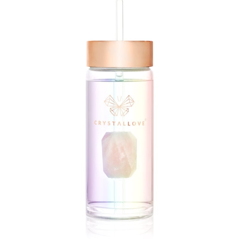 Crystallove Clear Quartz Straw Water Bottle стъклена бутилка за вода със сламка Hologram - Rose Quartz