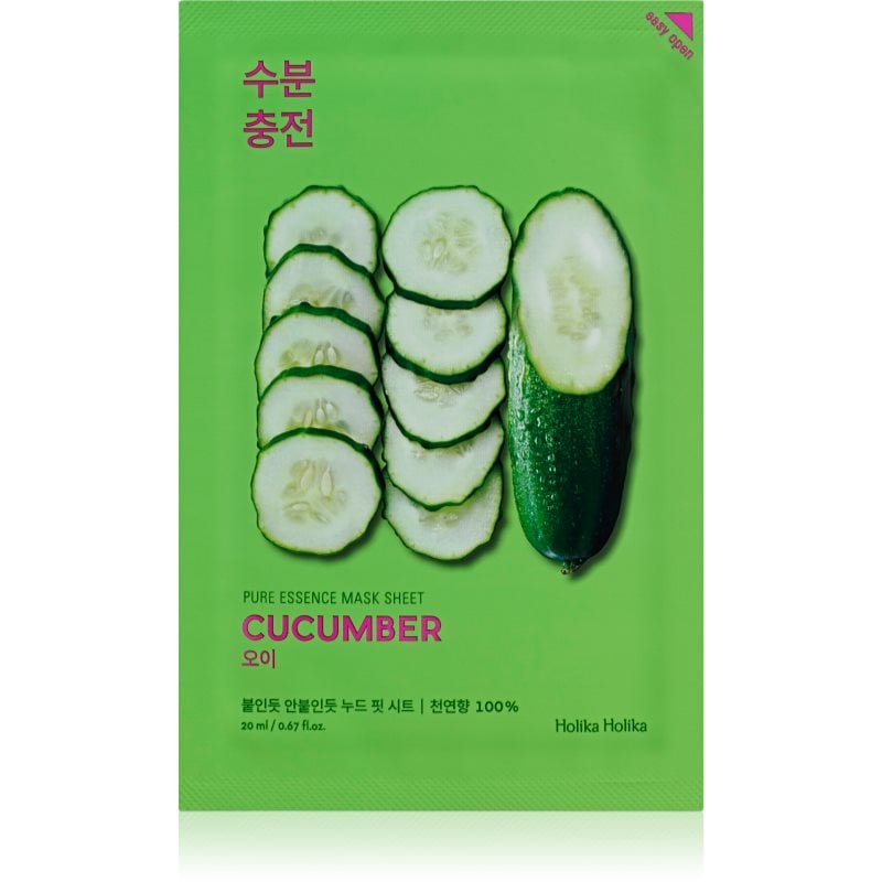 Holika Holika Pure Essence Cucumber платнена маска с успокояващ ефект за чувствителна кожа със склонност към почервеняване
