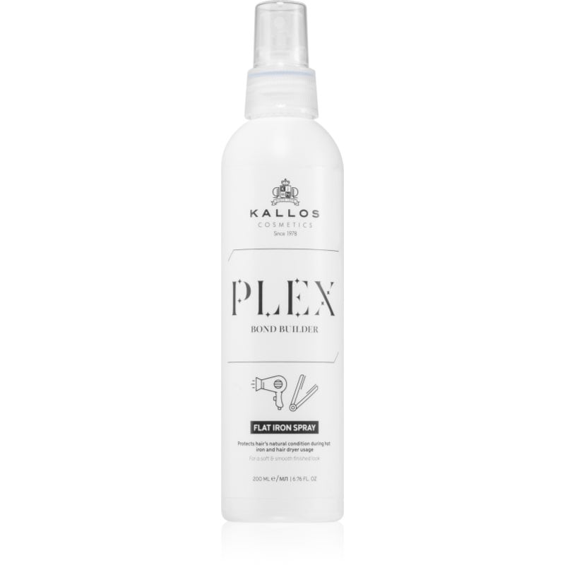 Kallos Plex Flat Iron Spray термозащитен спрей за оформяне с преса и маша за увредена и химически третирана коса
