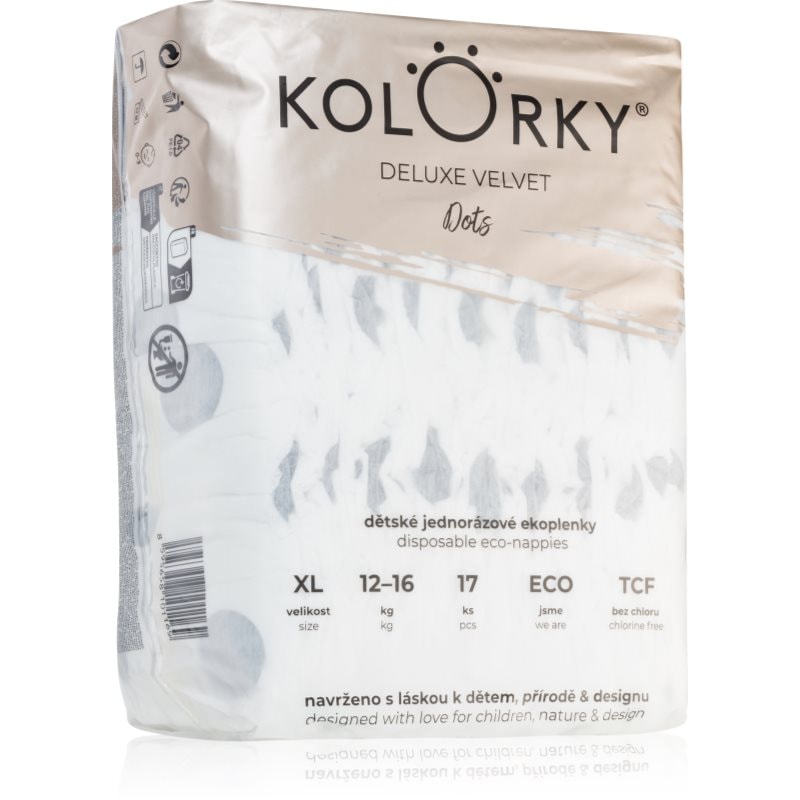 Kolorky Deluxe Velvet Dots еднократни ЕКО пелени размер XL 12-16 kg - За деца - Сравни цени от 1 магазин с безплатна доставка