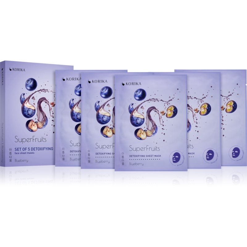 KORIKA KORIKA SuperFruits Blueberry - Set of 5 Detoxifying Face Sheet Masks комплект маски за лице на намалена цена с детокс ефект Blueberry - Унисекс парфюм - Сравни цени от 1 магазин с безплатна доставка