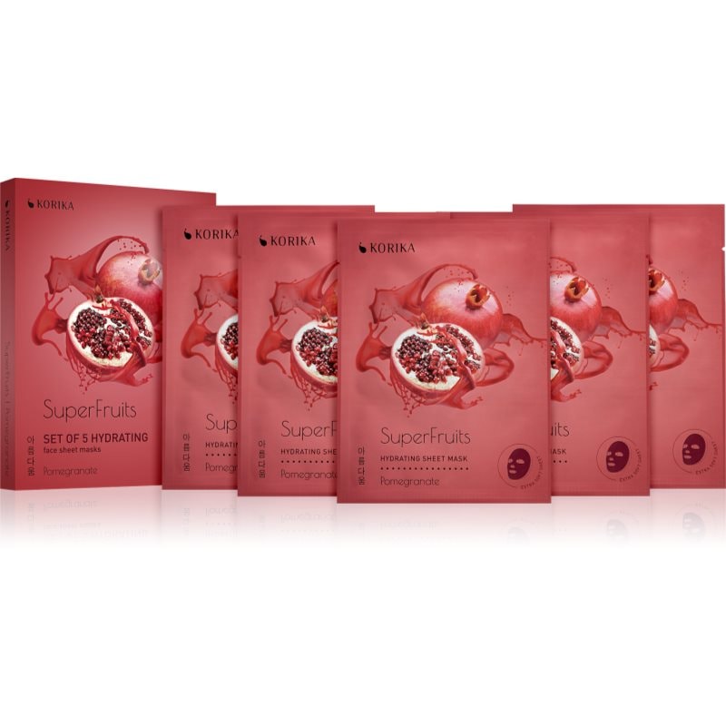 KORIKA SuperFruits Pomegranate - Set of 5 Hydrating Face Sheet Masks комплект маски за лице на намалена цена с хидратиращ ефект Pomegranate - Комплект - Сравни цени от 1 магазин с безплатна доставка