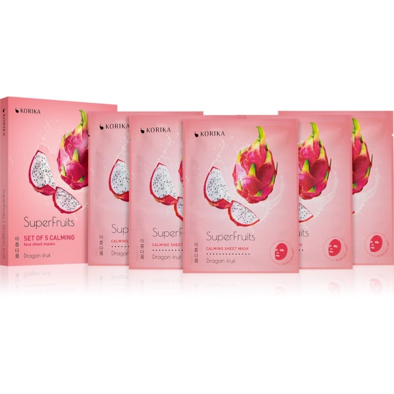 KORIKA SuperFruits Dragon Fruit - Set of 5 Calming Face Sheet Masks комплект маски за лице на намалена цена с успокояващ ефект Dragon fruit - Комплект - Сравни цени от 1 магазин с безплатна доставка