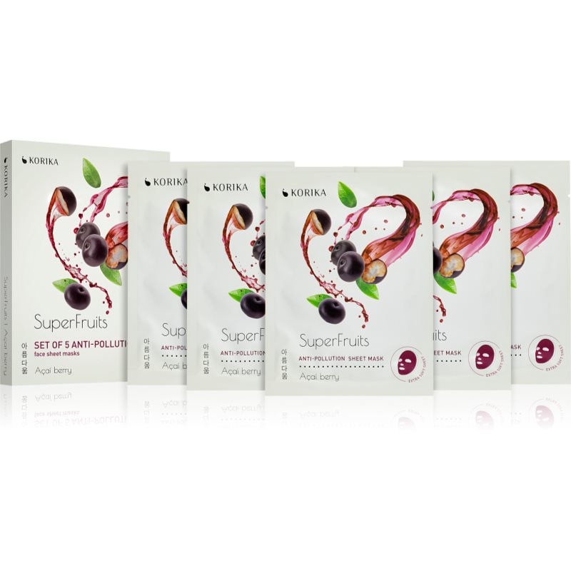 KORIKA SuperFruits Acai Berry - Set of 5 Anti-pollution Face Sheet Masks комплект маски за лице на намалена цена Acai berry - Комплект - Сравни цени от 1 магазин с безплатна доставка