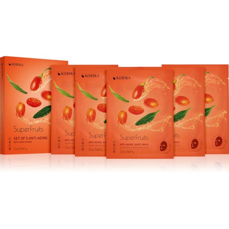 KORIKA SuperFruits Goji Berry - Set of 5 Anti-aging Face Sheet Masks комплект маски за лице на намалена цена с подмладяващ ефект Goji berry - Комплект - Сравни цени от 1 магазин с безплатна доставка