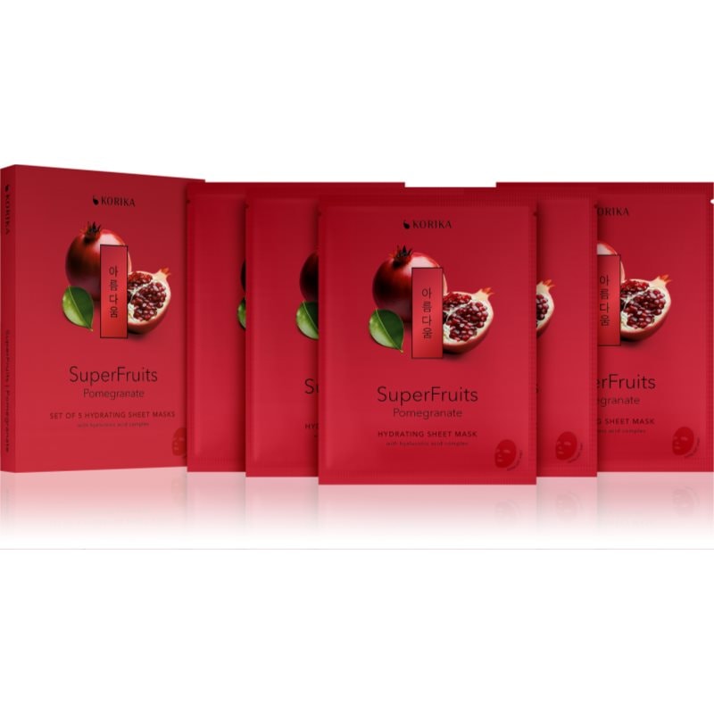 KORIKA SuperFruits Pomegranate - Set of 5 Hydrating Face Sheet Masks комплект маски за лице на намалена цена с хидратиращ ефект - Комплект - Сравни цени от 1 магазин с безплатна доставка