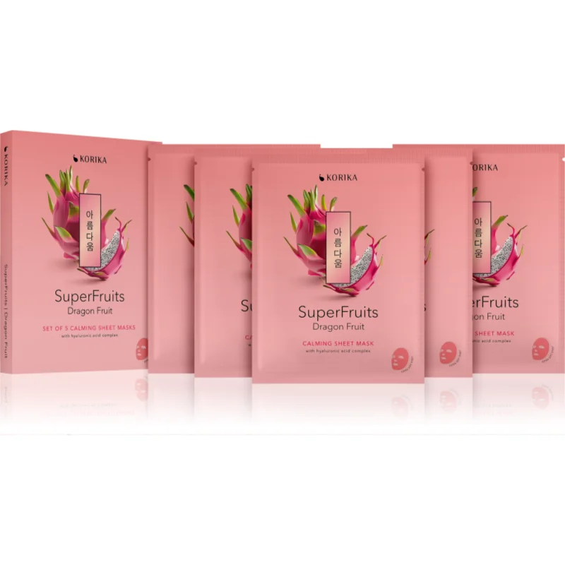 KORIKA SuperFruits Dragon Fruit - Set of 5 Calming Face Sheet Masks комплект маски за лице на намалена цена с успокояващ ефект - Комплект - Сравни цени от 1 магазин с безплатна доставка