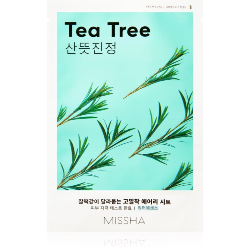 Missha Airy Fit Tea Tree платнена маска с почистващ и освежаващ ефект за чувствителна кожа на лицето