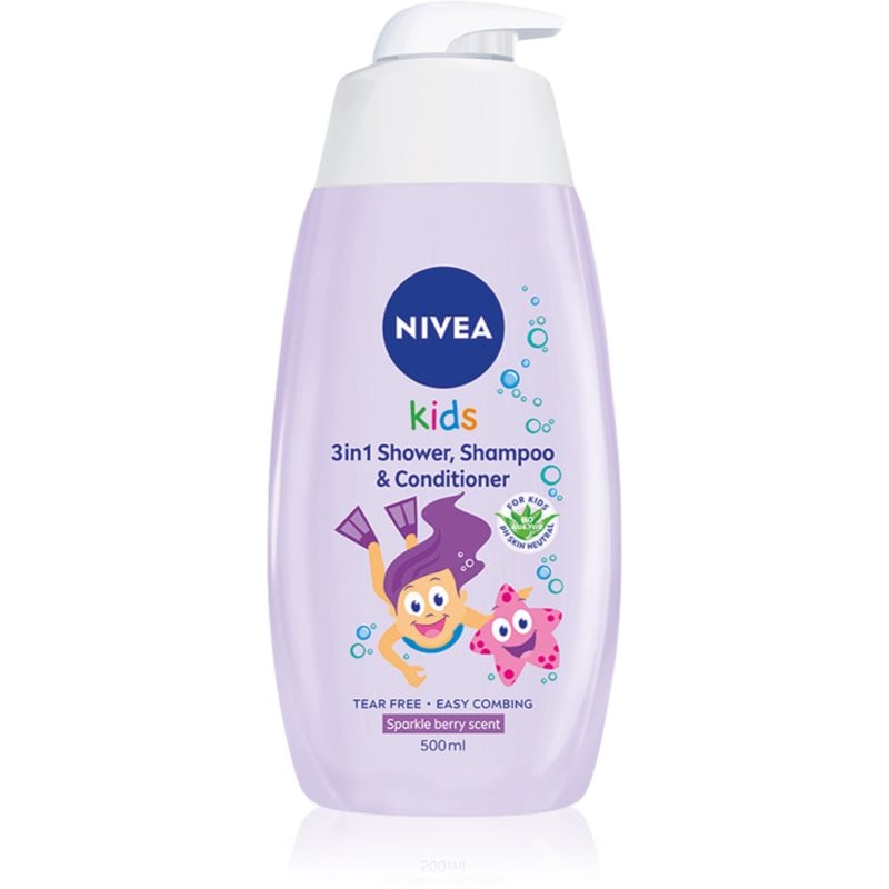 NIVEA Kids Sparkle Berry нежен душ гел и шампоан за деца 3 в 1