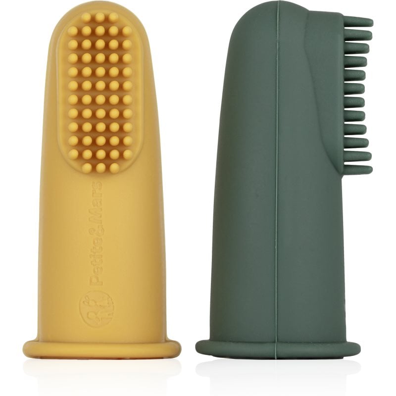 Petite & Mars Take & Match 0m+ детска четка за зъби за върху пръст с калъфка Ochre & Green