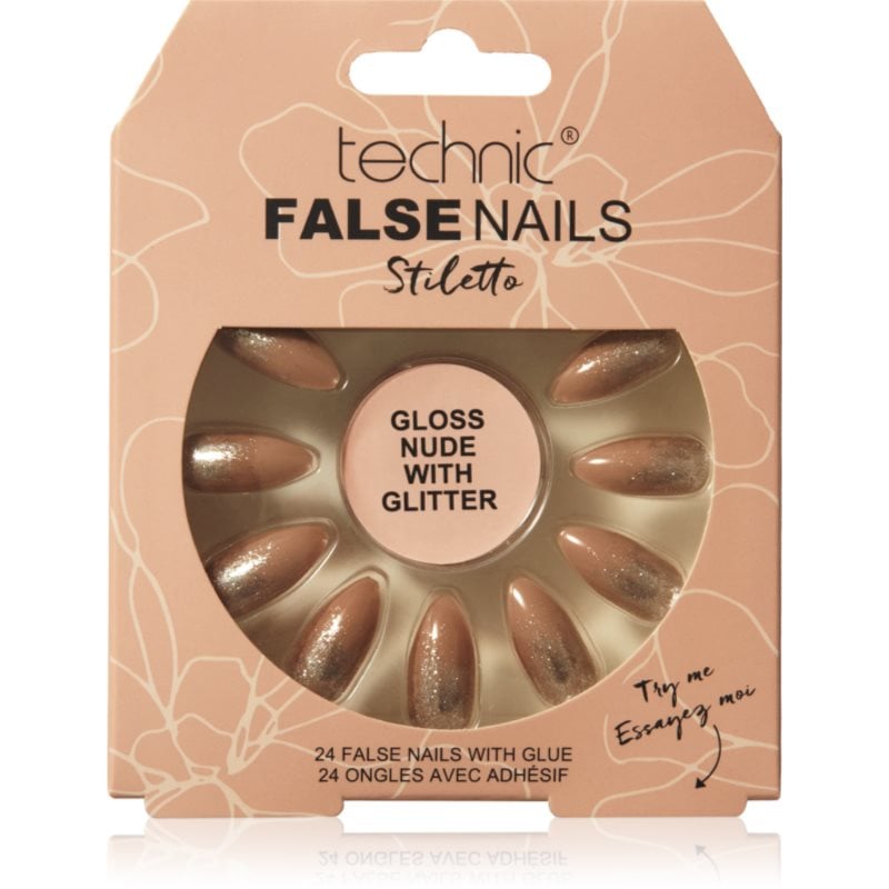 Technic Cosmetics False Nails Stiletto Изкуствени нокти Gloss Nude with Glitter 24 бр.