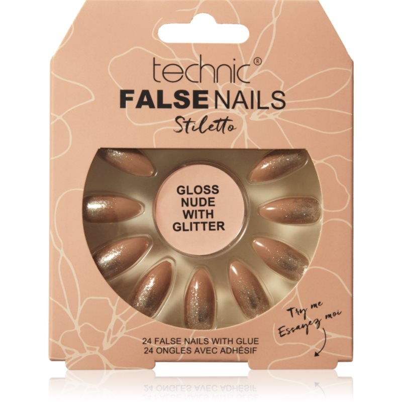 Technic Cosmetics False Nails Stiletto Изкуствени нокти Gloss Nude with Glitter 24 бр. - Грим - Сравни цени от 1 магазин с безплатна доставка