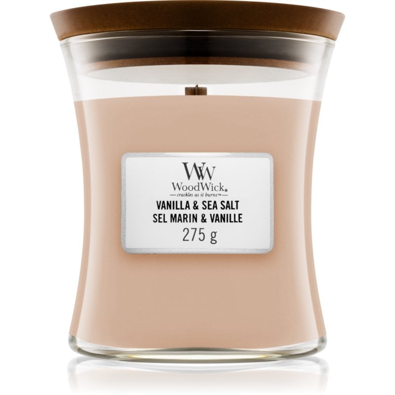 Woodwick Vanilla & Sea Salt ароматна свещ с дървен фитил 275 гр.