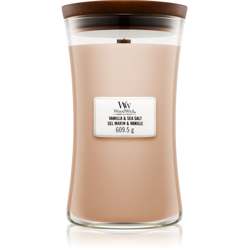 Woodwick Woodwick Vanilla & Sea Salt ароматна свещ с дървен фитил 609.5 гр. - Унисекс парфюм 5мл - Сравни цени от 1 магазин с безплатна доставка