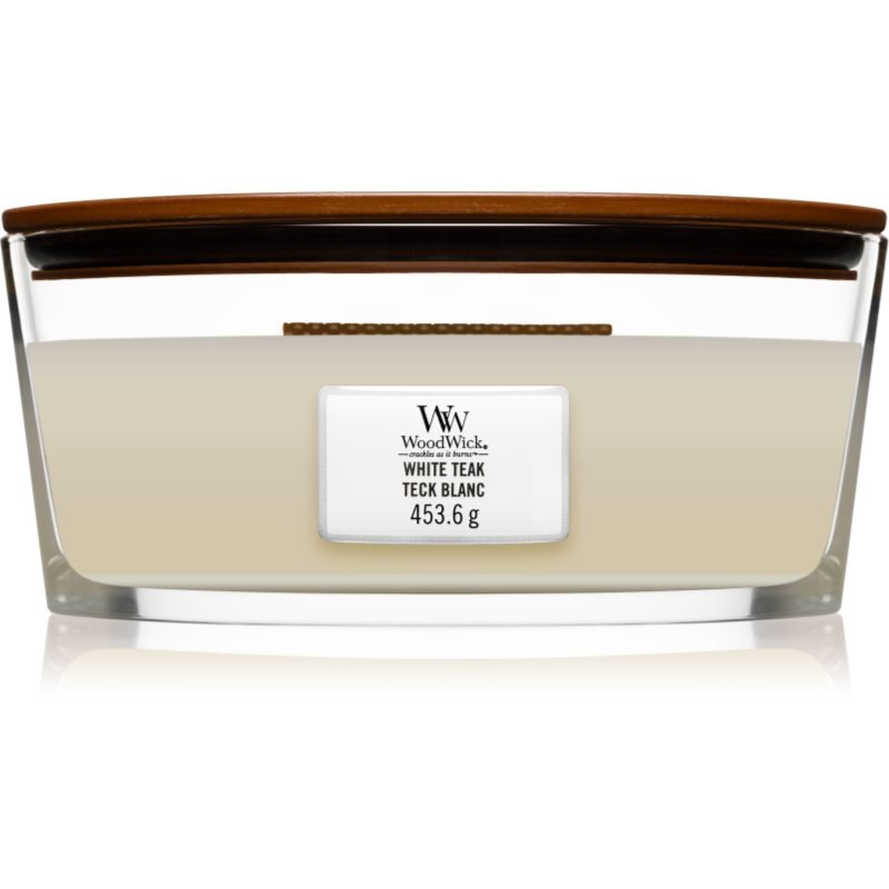 Woodwick Woodwick White Teak ароматна свещ с дървен фитил (hearthwick) 453.6 гр. - Унисекс парфюм 6мл - Сравни цени от 1 магазин с безплатна доставка