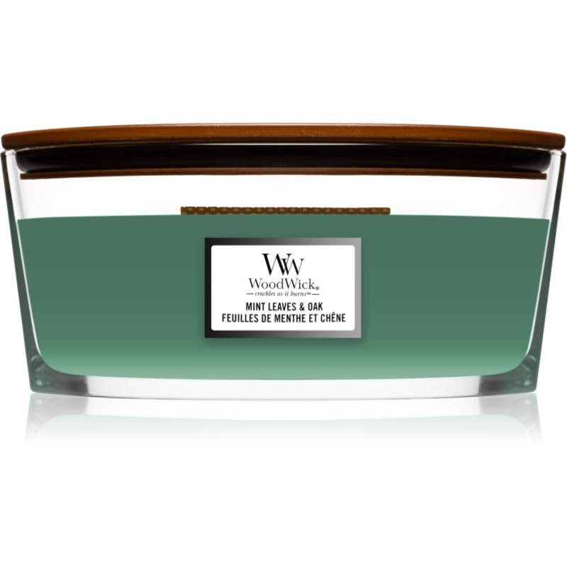 Woodwick Woodwick Mint Leaves & Oak ароматна свещ с дървен фитил (hearthwick) 453,6 гр. - Унисекс парфюм 6мл - Сравни цени от 1 магазин с безплатна доставка
